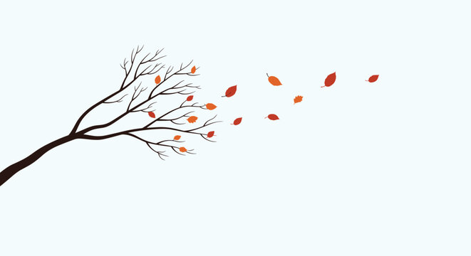 Autumn leaves are carried away by a strong gust of wind from a bare tree branch against a pale blue sky during the change of seasons.