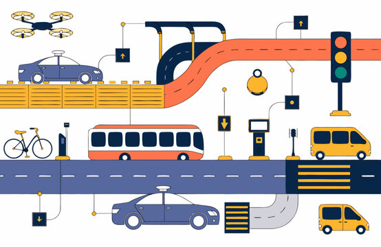 Modern urban smart transportation system with autonomous vehicles and city infrastructure flat vector illustration