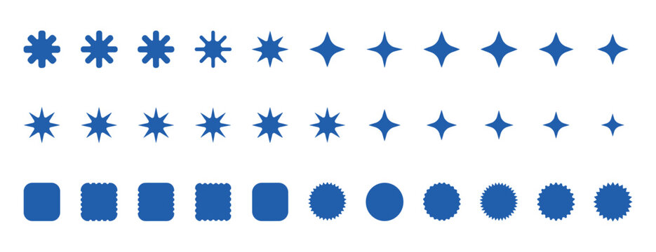 Set of blue shapes including various starbursts sparkles four pointed stars rounded squares and serrated circular badges arranged in three horizontal rows on a white background