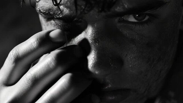 Portrait of a young man displaying intense emotion while wiping his eyes. He has smeared eyeliner and dirt on his face, suggesting he's been through an emotional or physical struggle.