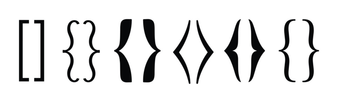 Set of six different black bracket symbols including square curly and angular shapes isolated on a plain white background for programming and mathematical notation