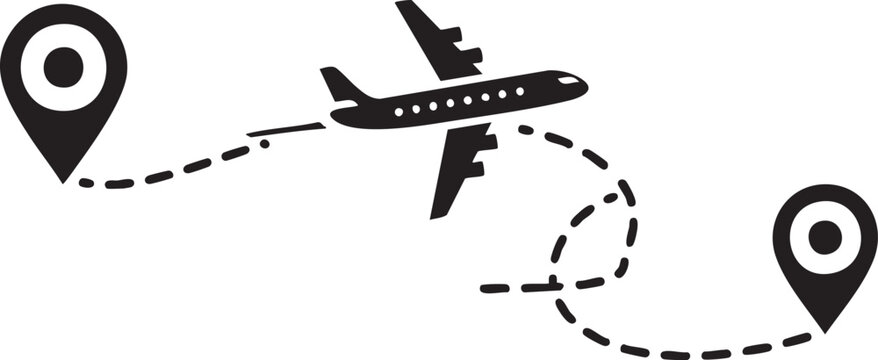 Black airplane flying between two location markers flight path black and white transportation