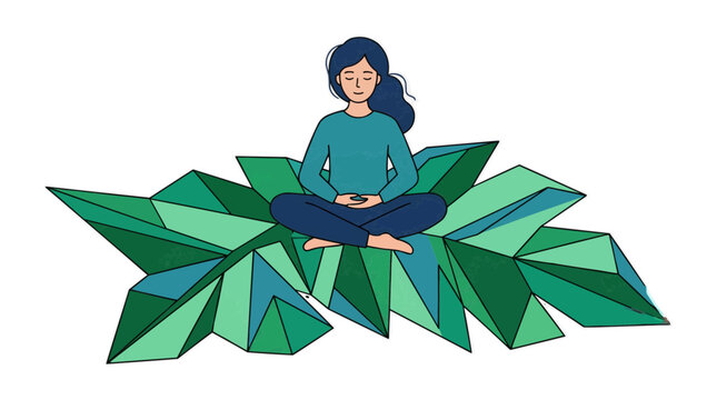 Mulher serena meditando sentada em flor de cristal geom&eacute;trica verde vibrante estilo flat design