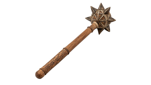 Vintage heavy dark wood and metal spiked mace warrior weapon isolated on transparent background cut out