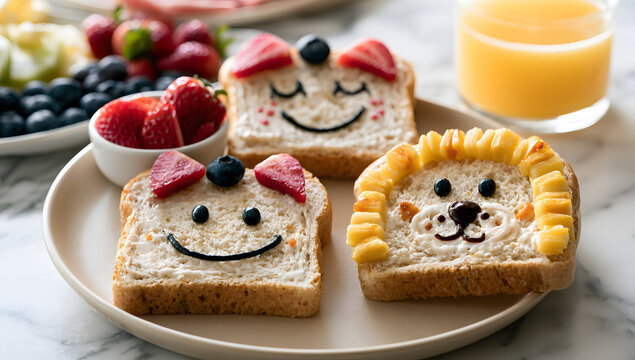 A creative and playful breakfast setup for kids, featuring food art on toast and a glass of orange juice on a marble table, promotes a fun and healthy meal experience.