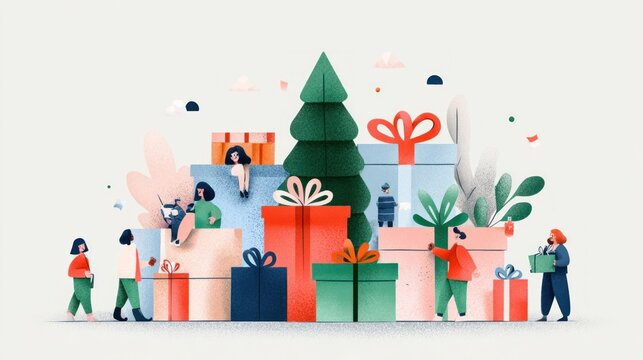 Fun holiday illustrations with gift boxes, people, and tree on white background