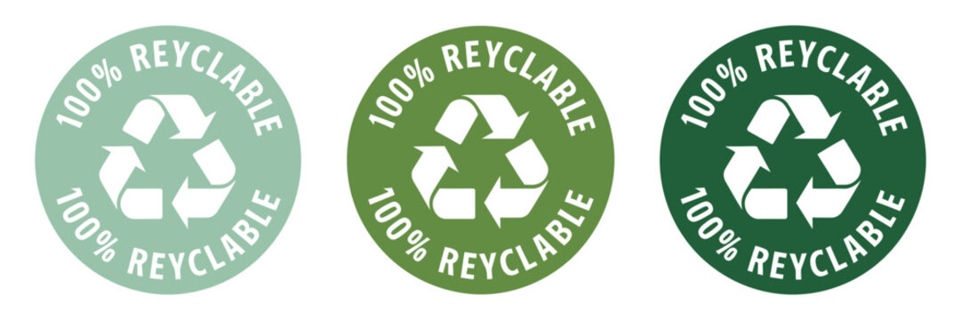 Recyclable badge icons in green shades featuring 100 percent recyclable symbols, eco friendly packaging labels, sustainability marks, and clean vector illustration