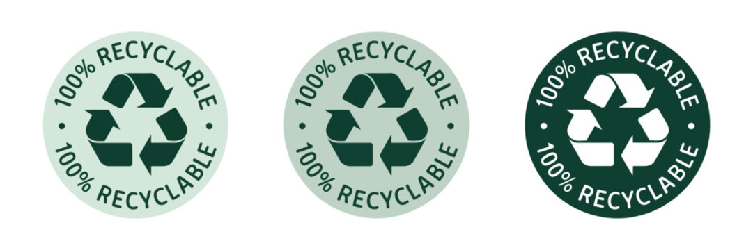 Recyclable badge icons in green shades featuring 100 percent recyclable symbols, eco friendly packaging labels, sustainability marks, and clean vector illustration