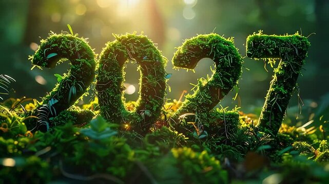 Eco Friendly Moss Covered 2027 Numbers in Lush Forest with Sunlight and Nature Growth.