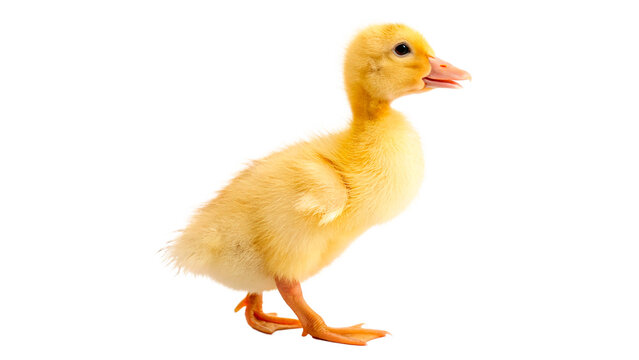 Cute small furry yellow duckling standing looking to the side isolated on transparent background cut out