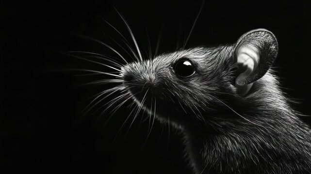 The features an up-close shot of a rat's face with sharp details of its fur and whiskers. The rat appears to be looking directly at the camera, giving a sense of connection.