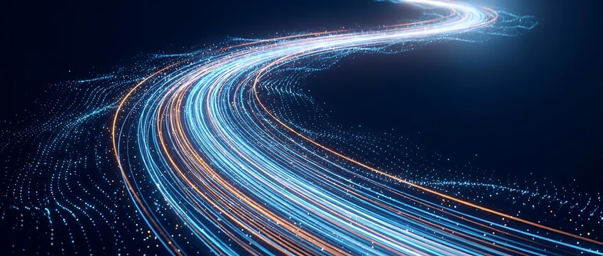 Glowing digital light trails streaming through cyberspace representing high speed data transfer network connectivity fiber optic communication technology flow moving particles abstract concept.