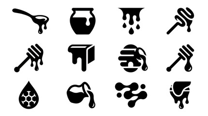 Honey Icons Set: Spoon, Jar, Drips, Honey Dipper, Droplet, Jug © atha_lintar