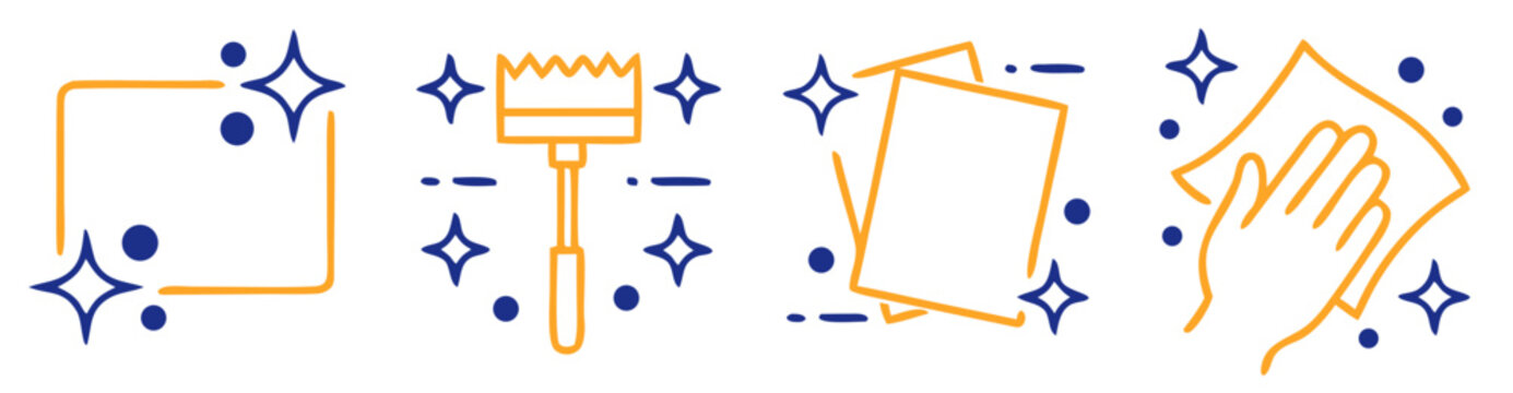 Cleaning icons with sparkles and a hand wiping a surface for hygiene concepts