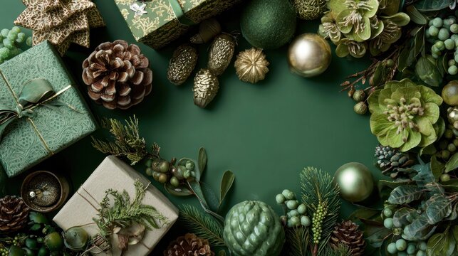 Gifts and decorations arranged on a green background