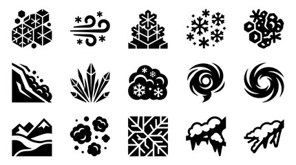 Winter Weather Icons: Snowflakes, Blizzard, Avalanche, Ice Crystals, Mountains, Snowstorm © atha_lintar