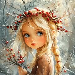 Naklejka premium Delicate Christmas greeting card design featuring a young girl with a flower crown among snow-covered branches in soft pastel colors.