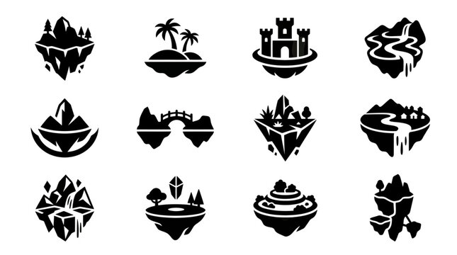 Fantasy Floating Islands Set - Game Assets, Vector Icons