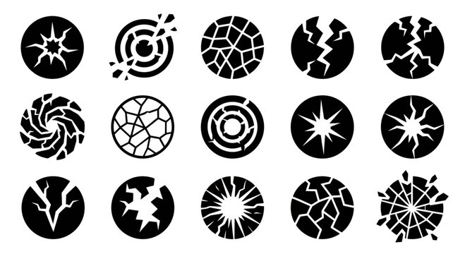 Collection of Black Circular Shattered and Cracked Icons