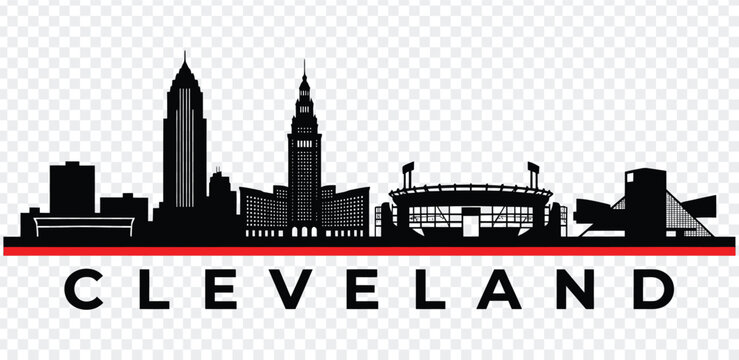 Cleveland ohio city skyline silhouette vector illustration with famous landmarks and text