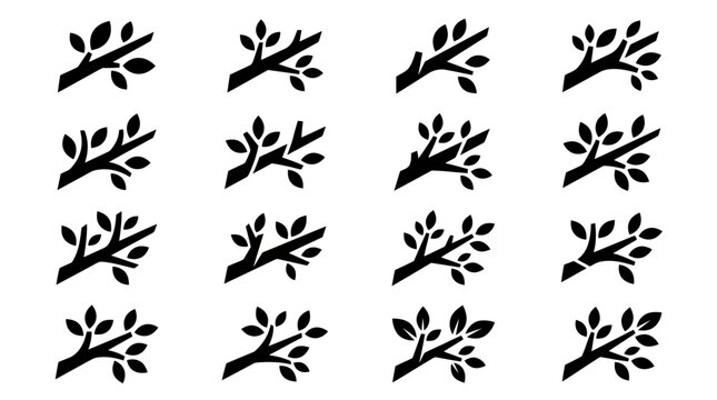 Set of stylized tree branches with leaves, black icons on white background.
