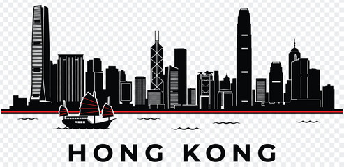 Obraz premium Hong kong city skyline silhouette with traditional junk boat and famous landmarks