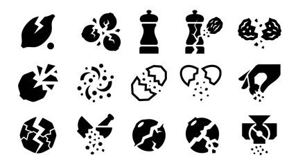 Fototapeta premium Food Spices Icons: Pepper, Salt, Nuts, Mortar, Grinder, Seeds, Crumbs