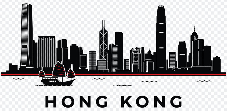 Hong kong city skyline silhouette with traditional junk boat and famous landmarks