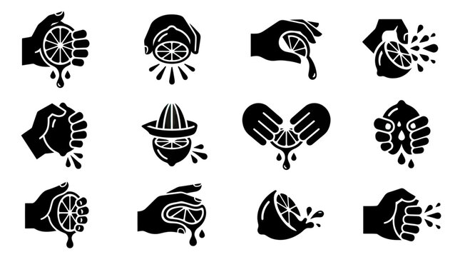 Hand squeezing lemon icons, citrus juice extraction, fresh ingredient concept