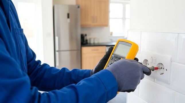 Electrician wearing gloves testing household power outlet with multimeter tool safety check voltage and current in kitchen interior white subway tile wall background.