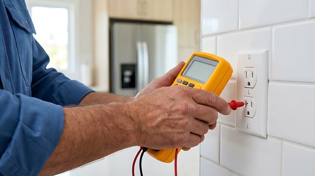 Electrician testing household power outlet with multimeter tool safety check voltage and current in kitchen interior white subway tile wall background.