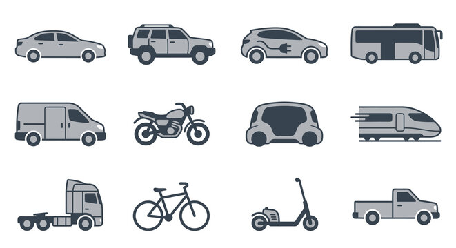 Diverse vehicle icons featuring trains, cars, and buses.