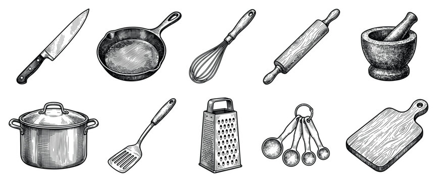 Kitchen utensils icons set. Cooking and baking tools concept. Includes chef knife, frying pan, whisk, rolling pin, mortar and pestle, pot, spatula, grater, measuring spoons, cutting board