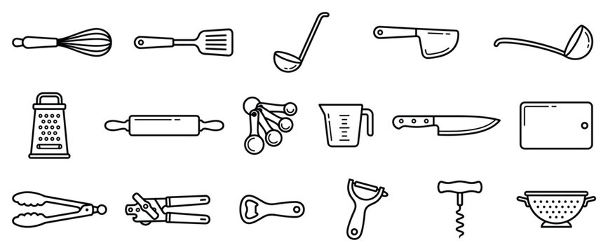 Kitchen utensil icons set. Cooking and food preparation concept. Includes whisk, spatula, ladle, cleaver, grater, rolling pin, measuring spoons, measuring cup, knife, cutting board, tongs,