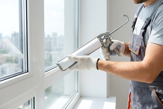 Man wearing protective gloves using caulk gun for sealing plastic window edges with silicone sealant to ensure thermal insulation and improve energy efficiency in residential house.