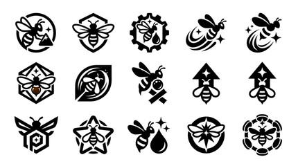 Bee icons set, apiary, honey production, nature, insects, vector emblems, logos © atha_lintar