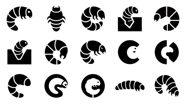 Insect Larva Icons Set Vector Illustration Black and White