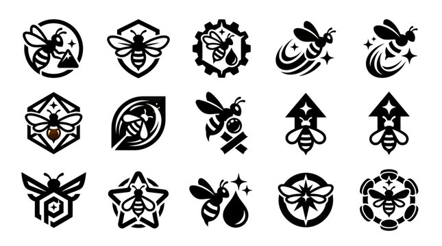 Bee icons set, apiary, honey production, nature, insects, vector emblems, logos