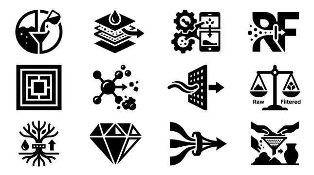 Set of 12 Icons Representing Data Filtering, Analysis, and Transformation