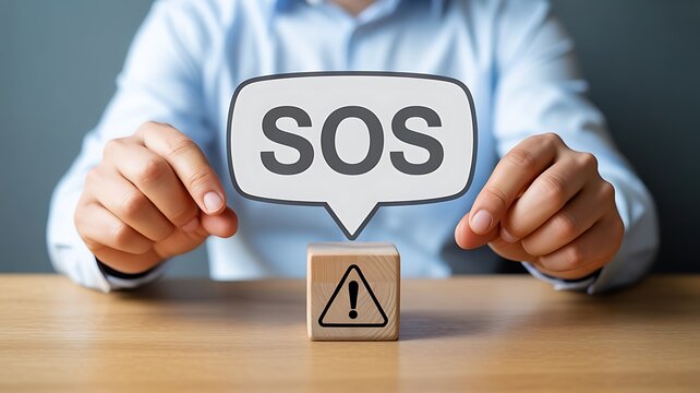 Man sitting at table with SOS speech bubble and warning block