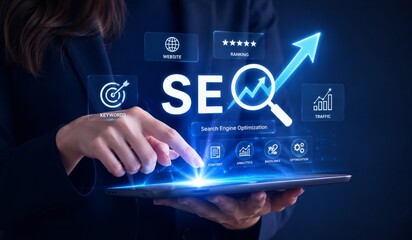 Obraz premium Hands touching glowing SEO text with upward arrow and search icons on digital tablet interface