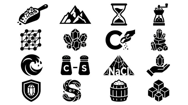 Salt Icons: Crystals, Grinder, Shaker, Wave, Mountains, Molecule, Hourglass