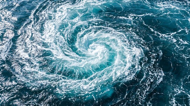 Aerial perspective of a powerful swirling ocean whirlpool vortex with churning white foam deep blue sea currents creating natural abstract pattern dangerous maelstrom maritime phenomenon.