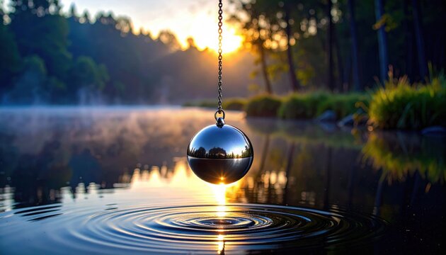 A reflective metal pendulum suspended over rippling water at dawn, symbolizing balance and serenity in nature.
