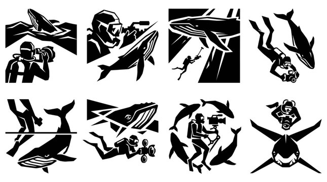 Scuba divers and whale watching, underwater exploration, wildlife photography vector icons
