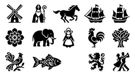 Vector Icons: Windmill, Saint, Horse, Ship, Flower, Elephant, Dutch Girl, Rooster, Tree, Fish, Lion, Couple Dancing © atha_lintar
