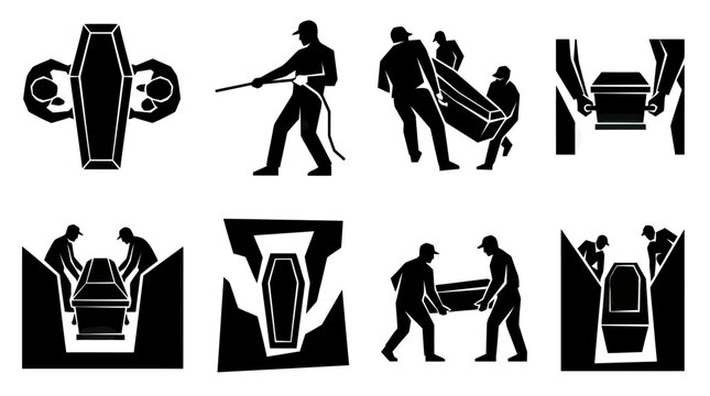 Funeral procession icons: Carrying, lowering, and burying coffins with pallbearers and gravediggers.