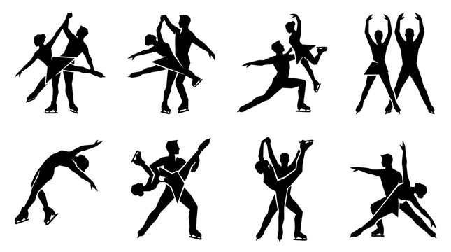 Figure Skating Duet Silhouettes: Pairs Dancing on Ice, Athletic Poses