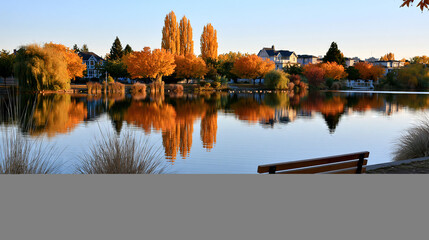 Obraz premium Peaceful Bench by a serene lake surrounded by autumn foliage
