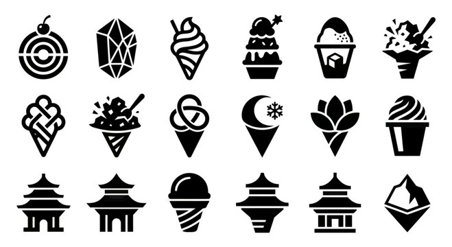 Collection of stylized icons: ice cream, gems, pagodas, lotus flower, mountains, moon